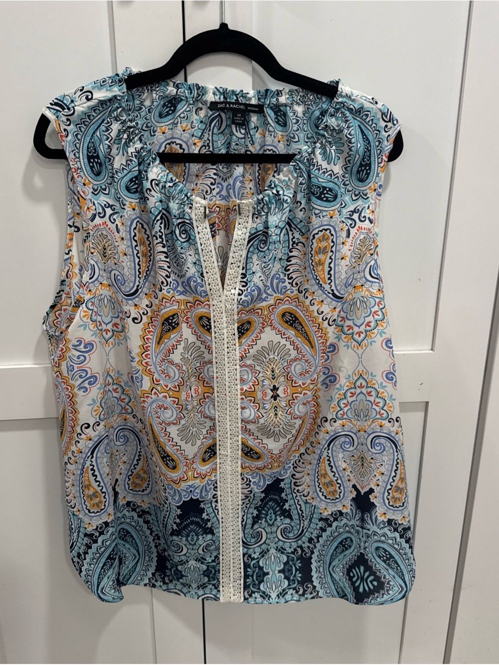 Zac & Rachel Paisley Sleeveless Blouse - Blue/Multi Sz 2X